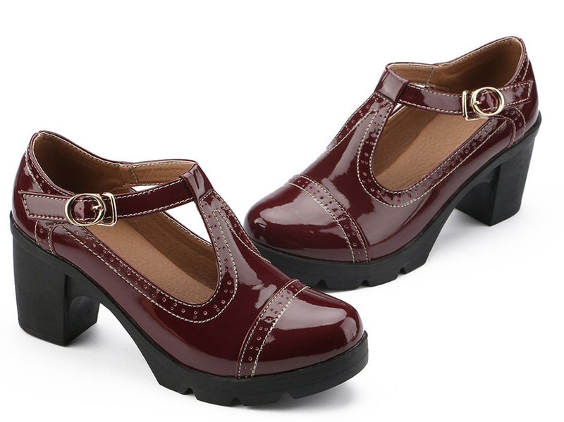 DADAWEN Women's Classic T-Strap Platform Mid-Heel Square Toe Oxfords Dress Shoes Wine Red US Size 10 - Image 4